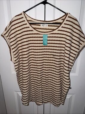Maurices Cream and Brown Striped Short Sleeve Top